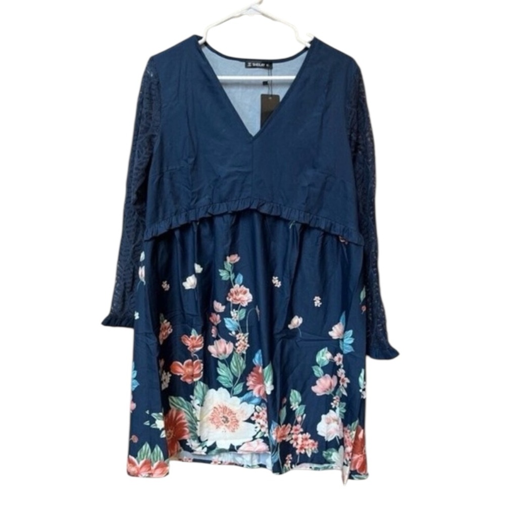 NWT Shelay Romantic Navy Floral Lace Sleeve Dress Medium